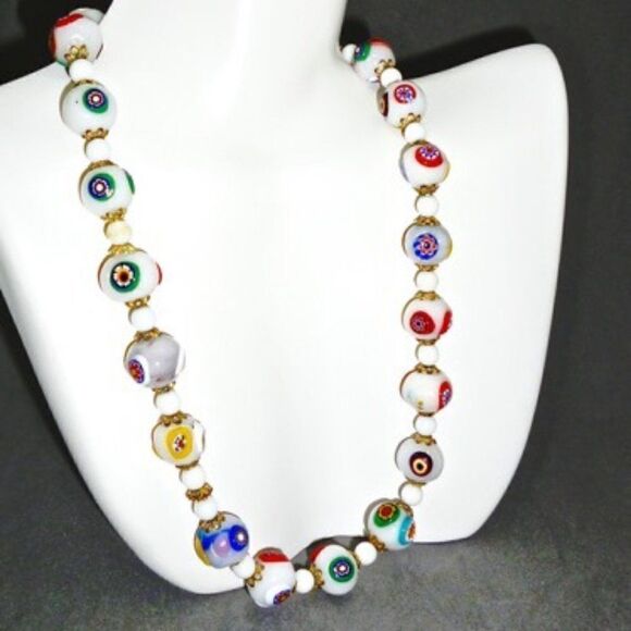 ArtDeco Venetian glass white Millefiori Necklace - Picture 1 of 6